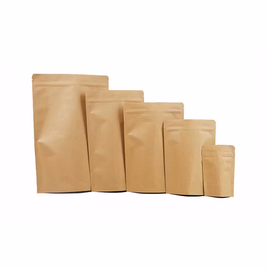 Zip Lock biodégradable imprimé personnalisé Stand up Packaging Pouch Zipper Sac en papier kraft étanche pour grains de café, thé, aliments pour animaux